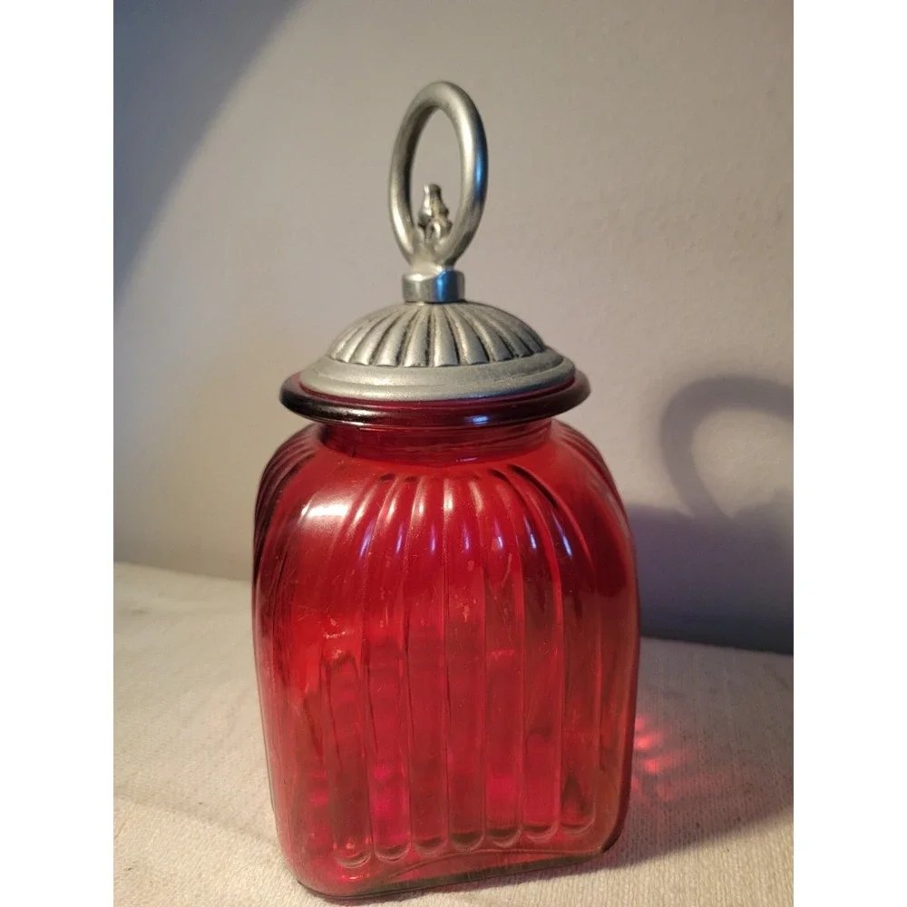 Vintage Artland‎ Painted Red Ribbed Glass Kitchen Canister Jar w Lid Large